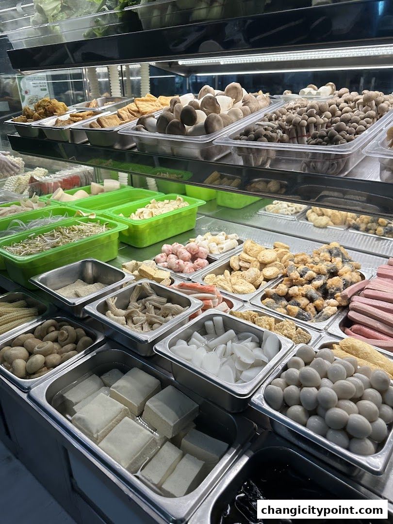 A display of fresh ingredients for hotpot and grilled fish, including mushrooms, tofu, and vegetables.