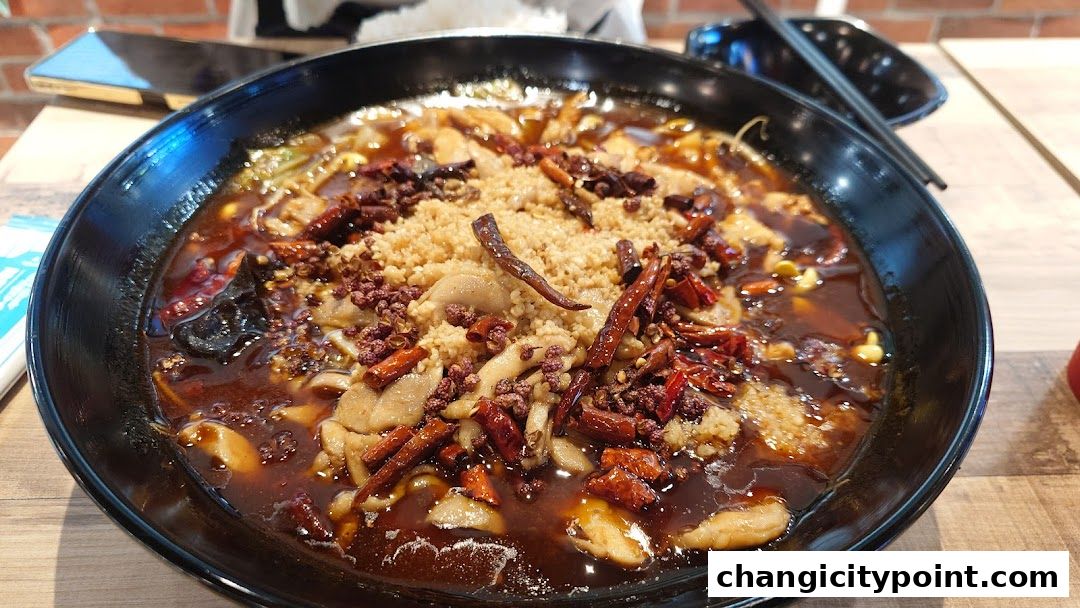 A close-up of a spicy grilled fish dish with chili peppers and spices in a black bowl.