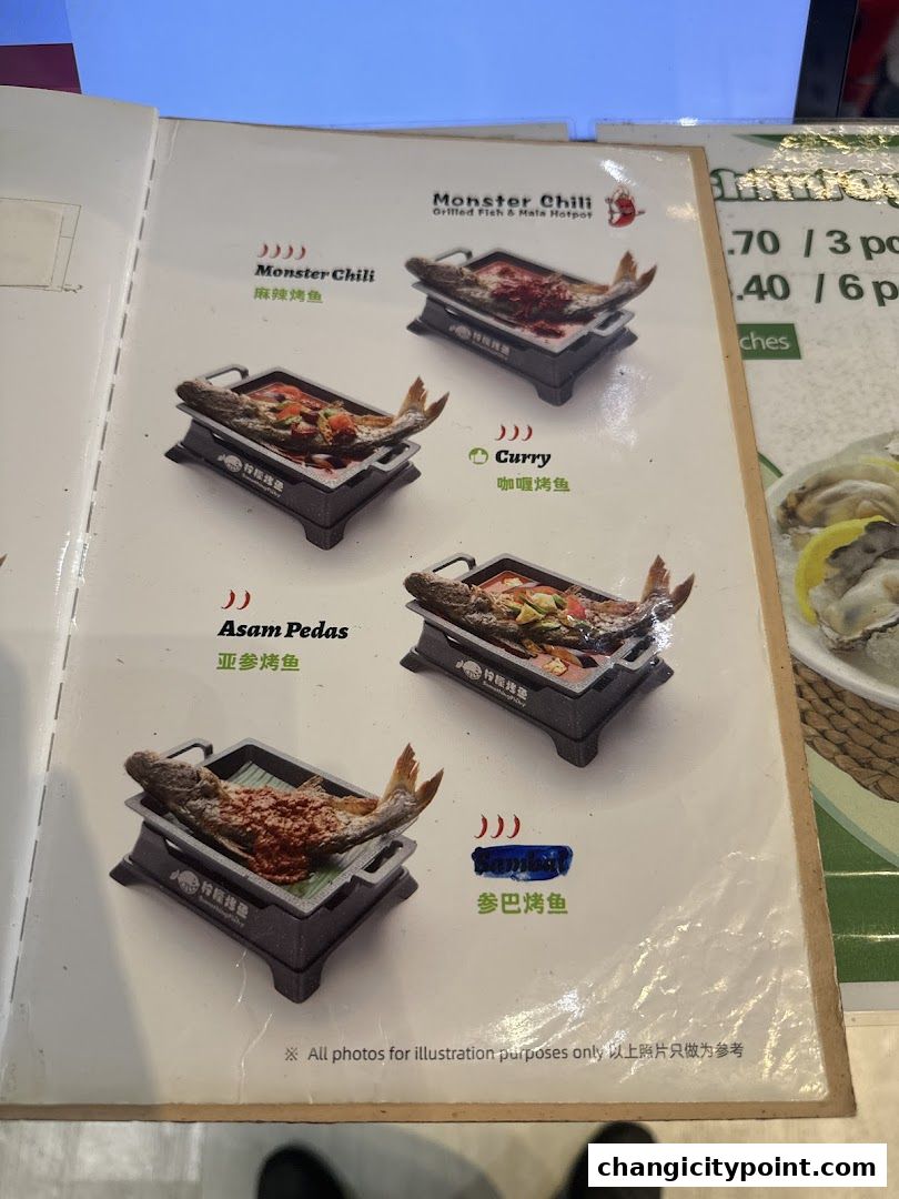 A menu page showcasing various grilled fish dishes with different flavor profiles.