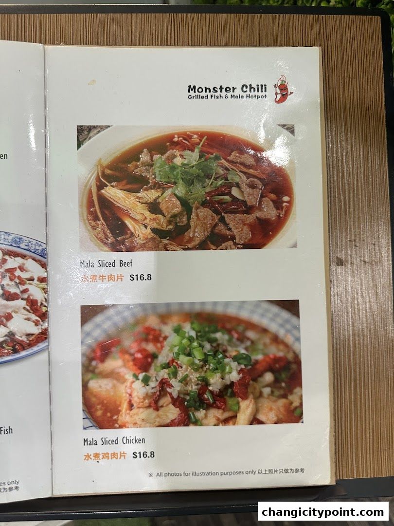 A menu page from Monster Chili Grilled Fish and Mala Hotpot featuring Mala Sliced Beef and Mala Sliced Chicken.