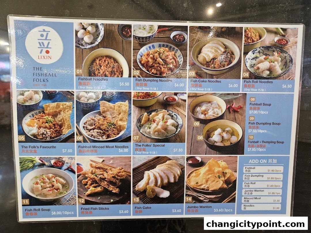 A menu from The Fishball Folks featuring various noodle dishes, soups, and fried items.
