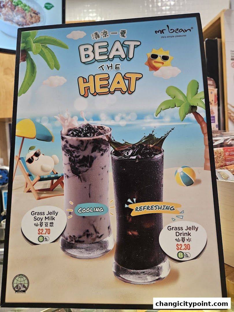 A Mr Bean menu board advertising 'Beat The Heat' drinks with grass jelly.