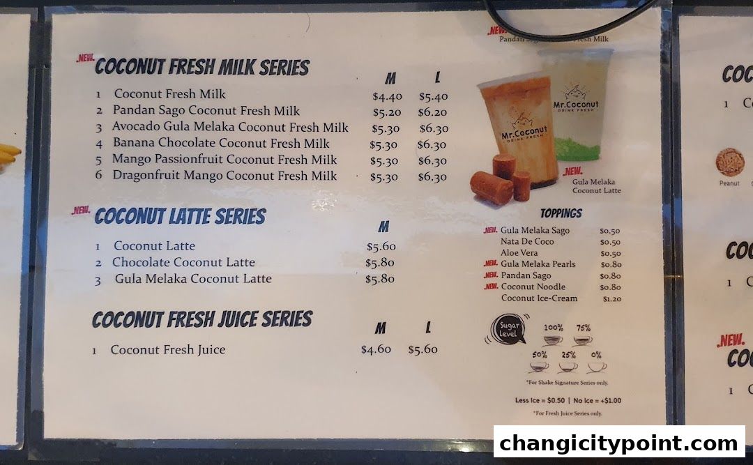 A menu board for Mr. Coconut featuring coconut milk, latte, and juice series with toppings.