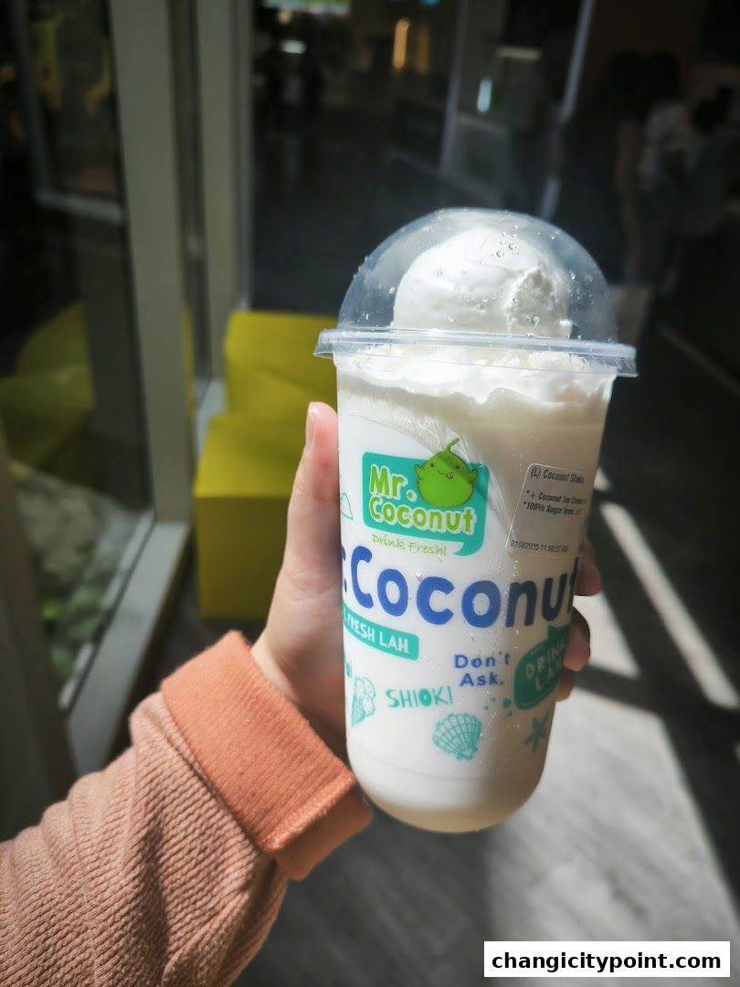 A hand holds a refreshing Mr. Coconut drink with ice cream on top.