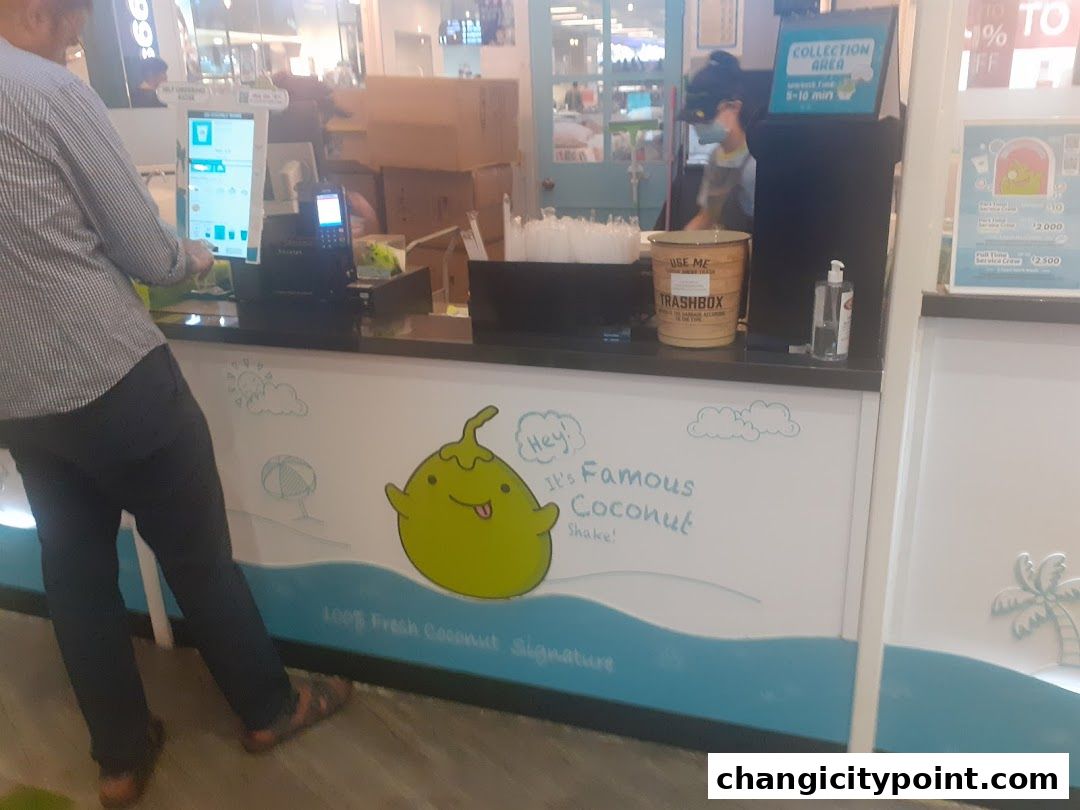 Mr. Coconut shop counter with a customer ordering and a cute coconut character.