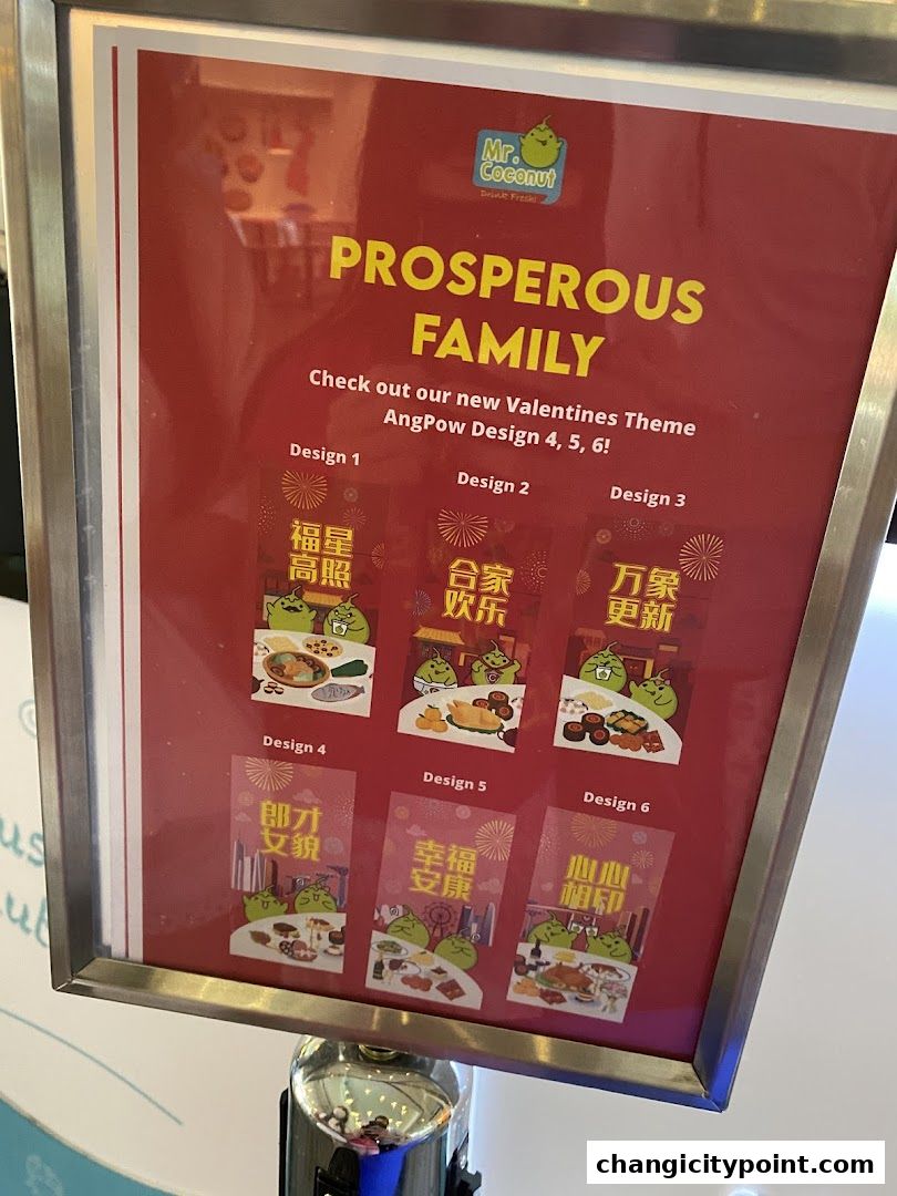 Mr. Coconut advertises new Valentine's themed AngPow designs with auspicious Chinese phrases.