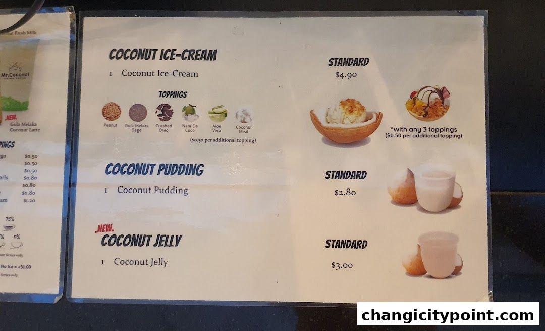 A menu from Mr. Coconut featuring coconut ice-cream, pudding, and jelly with various toppings.