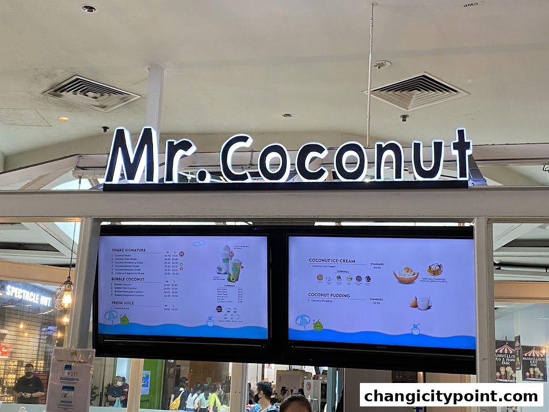 Mr. Coconut shop menu displaying shakes, ice cream, pudding, and fresh juice options.