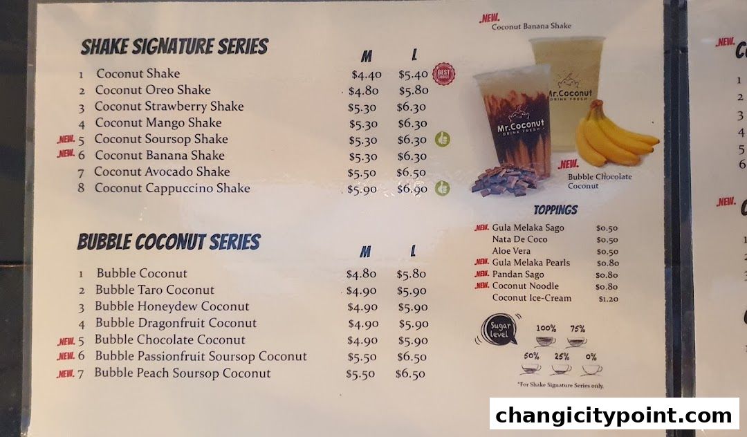 A menu for Mr. Coconut featuring shake and bubble coconut series with prices.