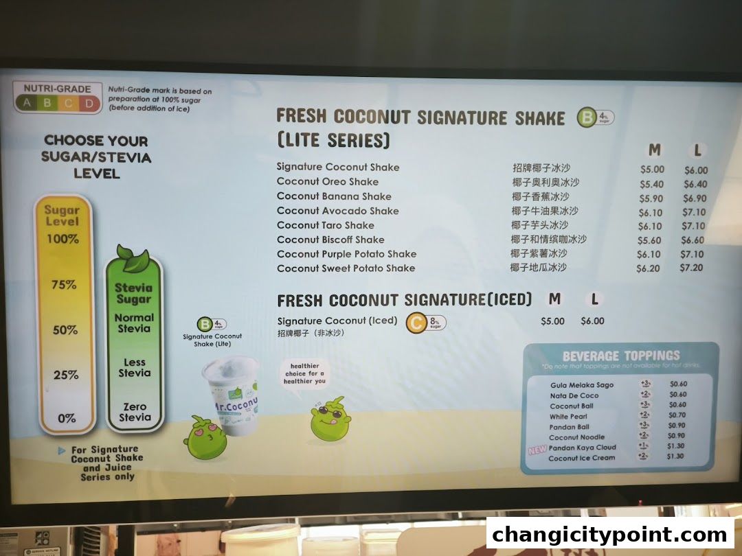 A menu board for Mr. Coconut showing fresh coconut shakes with sugar level options and toppings.