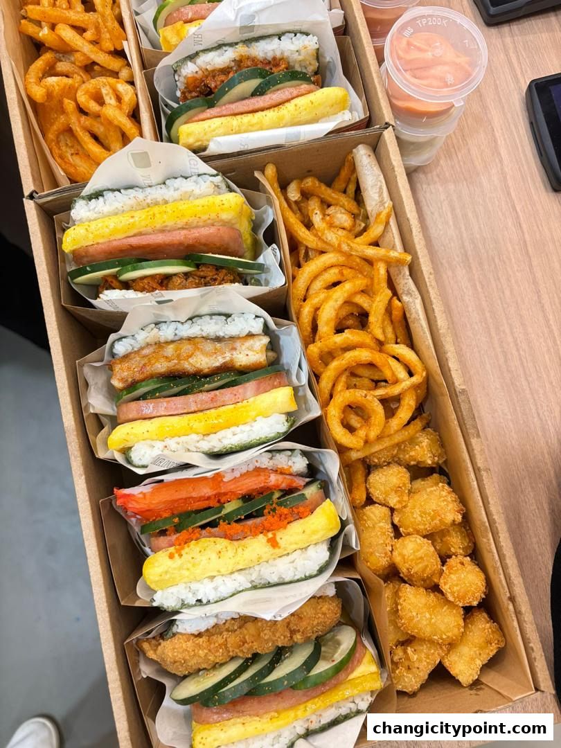 A box filled with various onigiri sandwiches and sides of curly fries and tater tots.