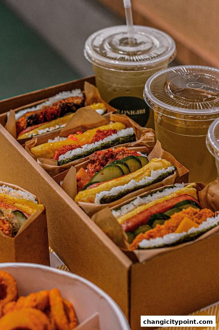 A close-up of several onigiri rice balls and drinks in takeaway packaging.