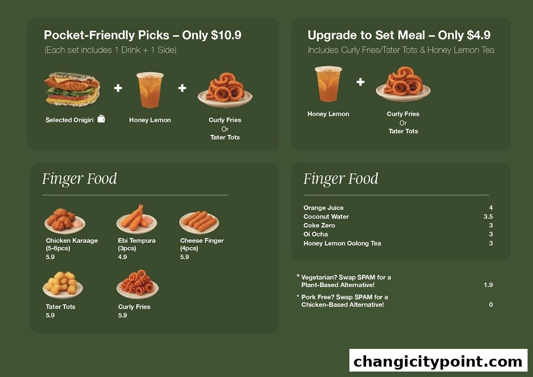 Menu for MR.ONIGIRI featuring pocket-friendly picks, set meal upgrades, and finger food options.