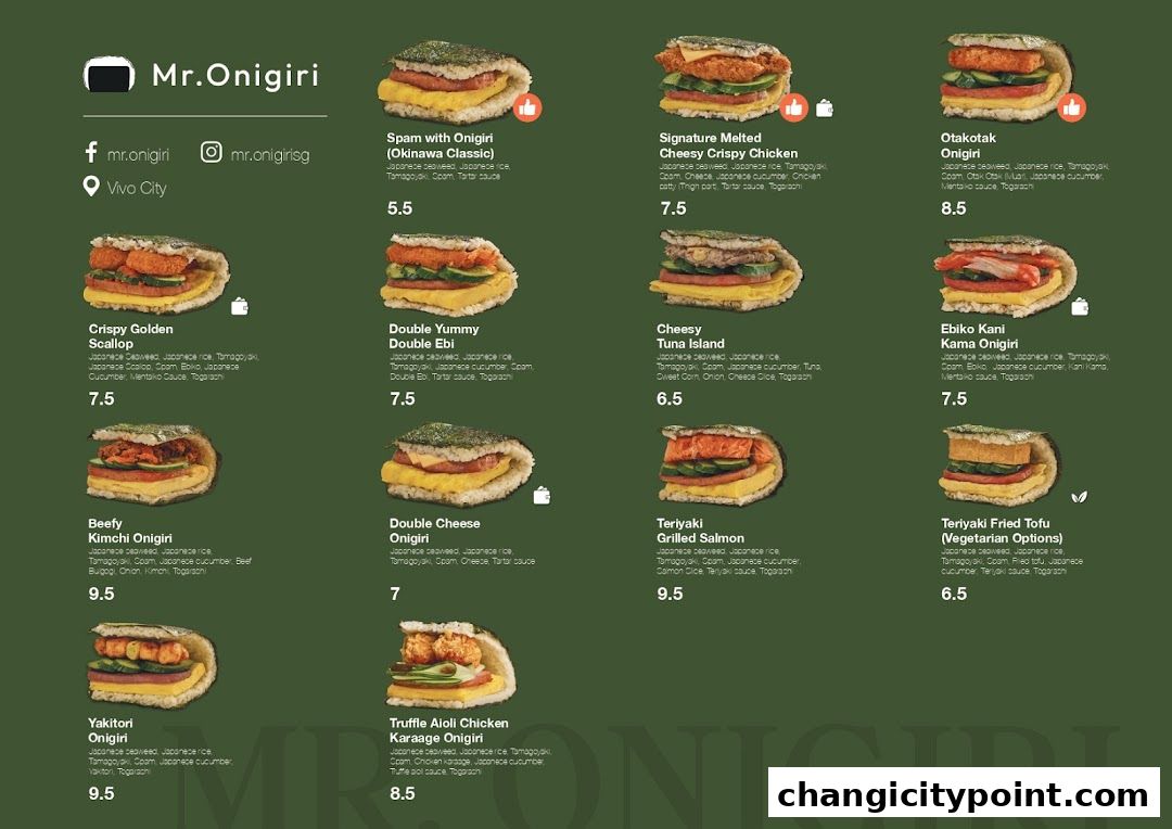 A menu from Mr. Onigiri showcasing various onigiri sandwiches with ingredients and prices.