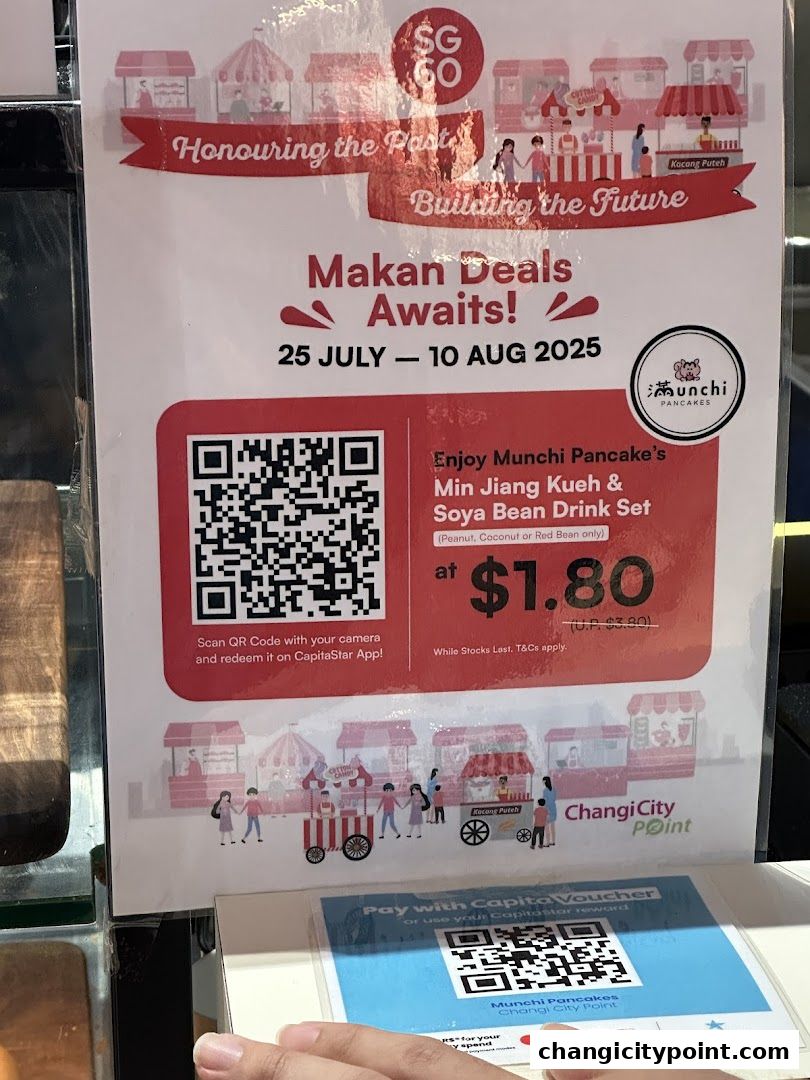 A promotional poster for Munchi Pancakes offering a Min Jiang Kueh & Soya Bean Drink Set deal.
