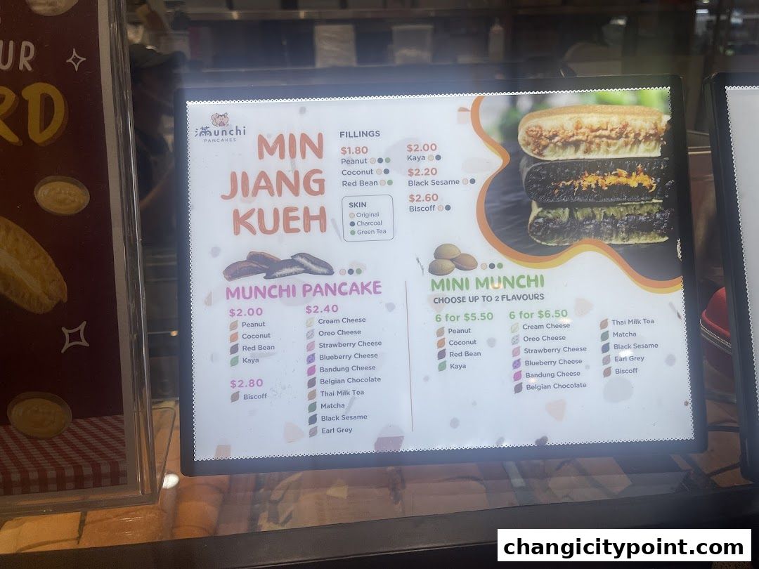 A digital menu board displaying various pancake flavors and prices from Munchi Pancakes.