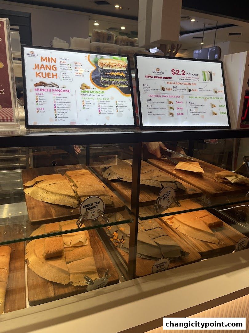 A display of delicious pancakes and drinks at Munchi Pancakes.