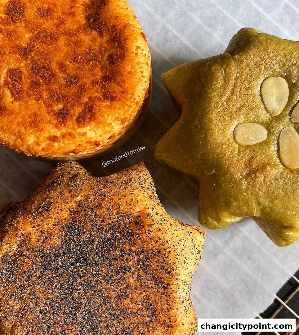 Close-up of three freshly baked pastries from Muyoo Bakery.