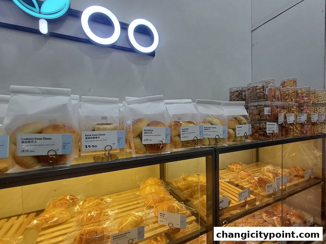 A display of freshly baked bread and pastries at Muyoo Bakery.