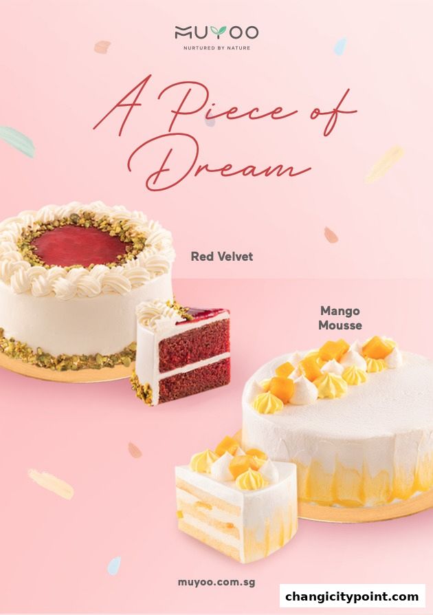 Delicious cakes from Muyoo Bakery, featuring Red Velvet and Mango Mousse.