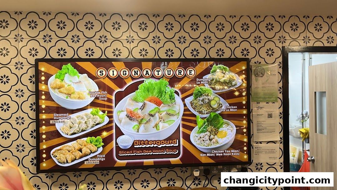A menu board showcasing signature dishes with appetizing food photography.