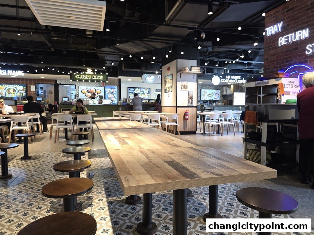 A food court with various stalls and seating areas, featuring a prominent wooden table in the foreground.