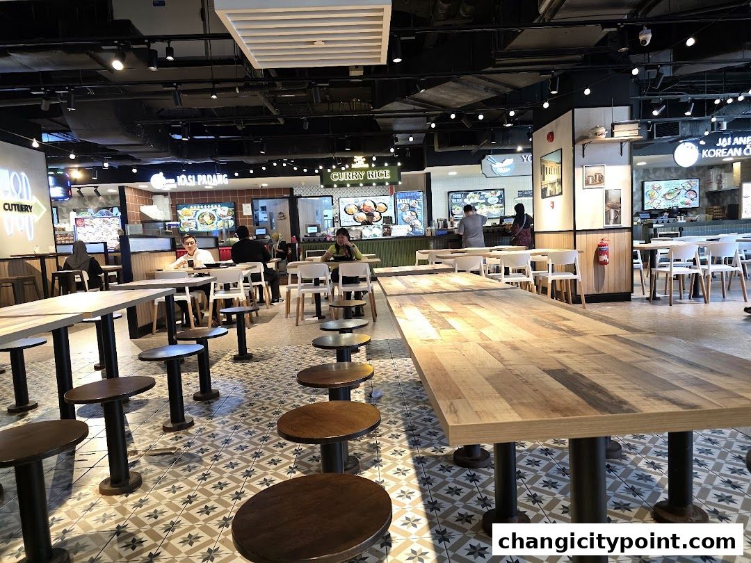 A food court with various stalls and seating areas, featuring wooden tables and chairs.
