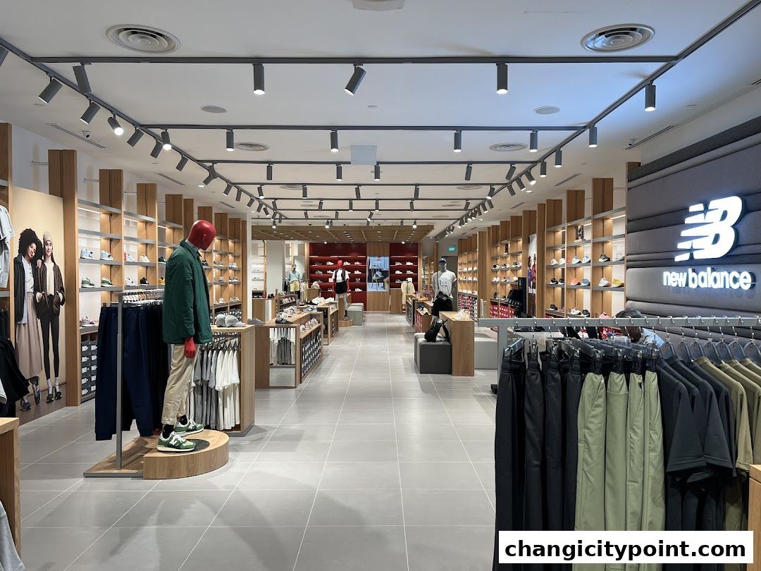 Interior view of a New Balance store showcasing footwear and apparel displays.
