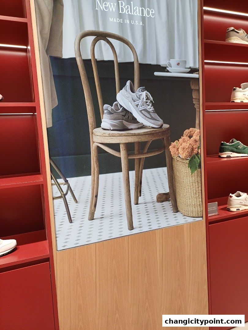 New Balance shoes displayed on a chair with a basket of flowers.