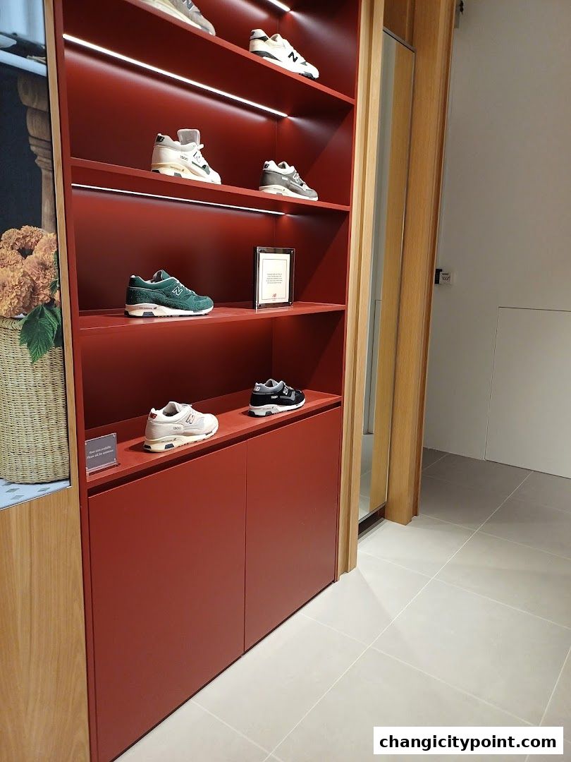 New Balance store interior showcasing various sneaker models on red shelves.
