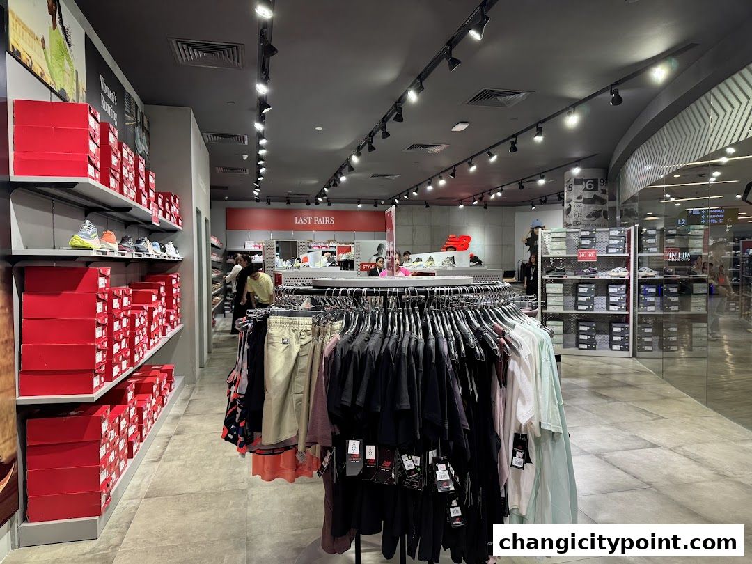 Interior view of a New Balance store showcasing shoes, apparel, and storage boxes.