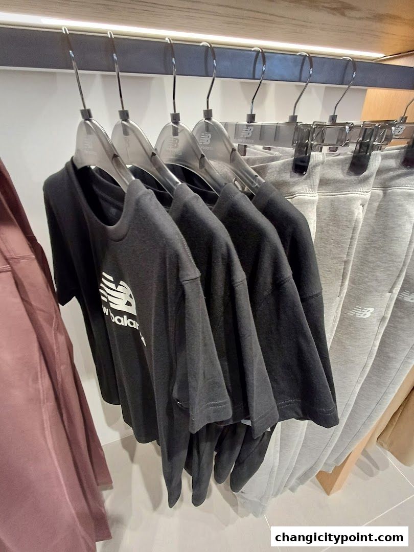 New Balance t-shirts and sweatpants displayed on hangers in a retail store.