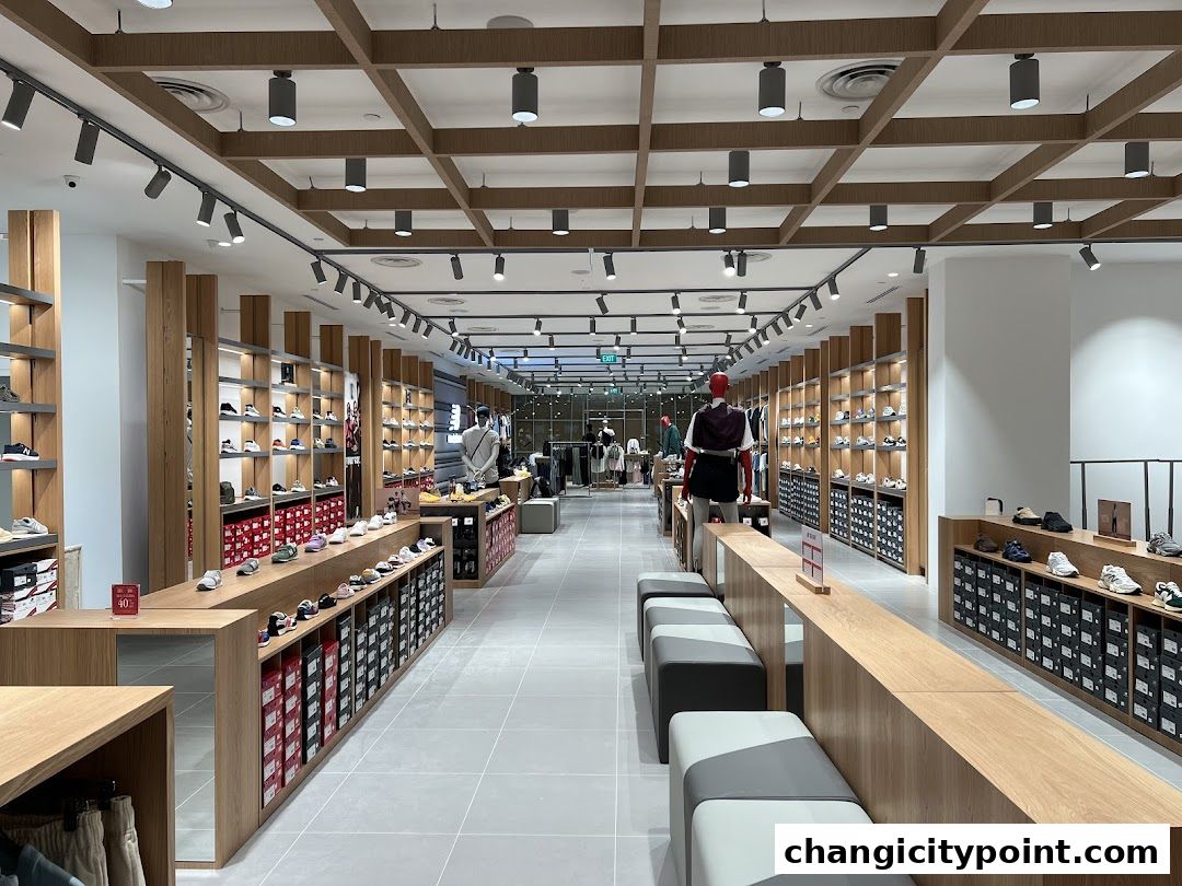 Interior view of a New Balance store showcasing shoes on shelves and display units.