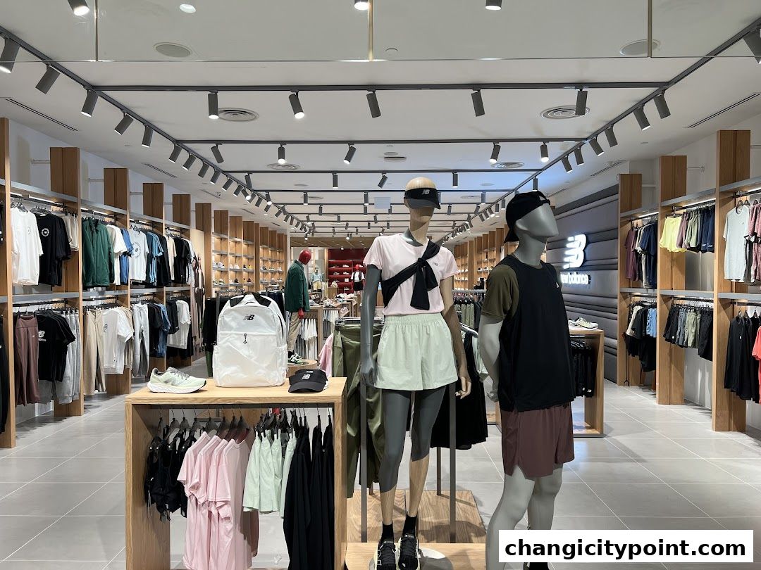 Interior view of a New Balance store showcasing apparel and mannequins.