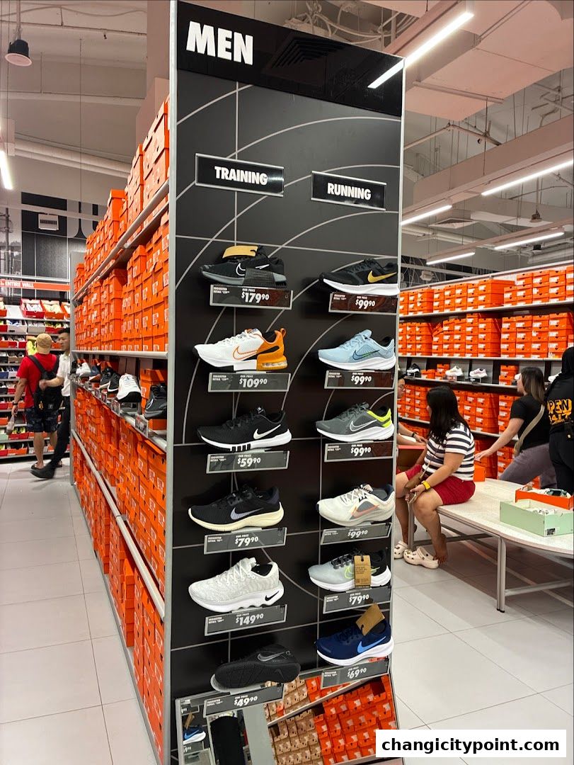 Nike Factory Store displays men's training and running shoes with prices.