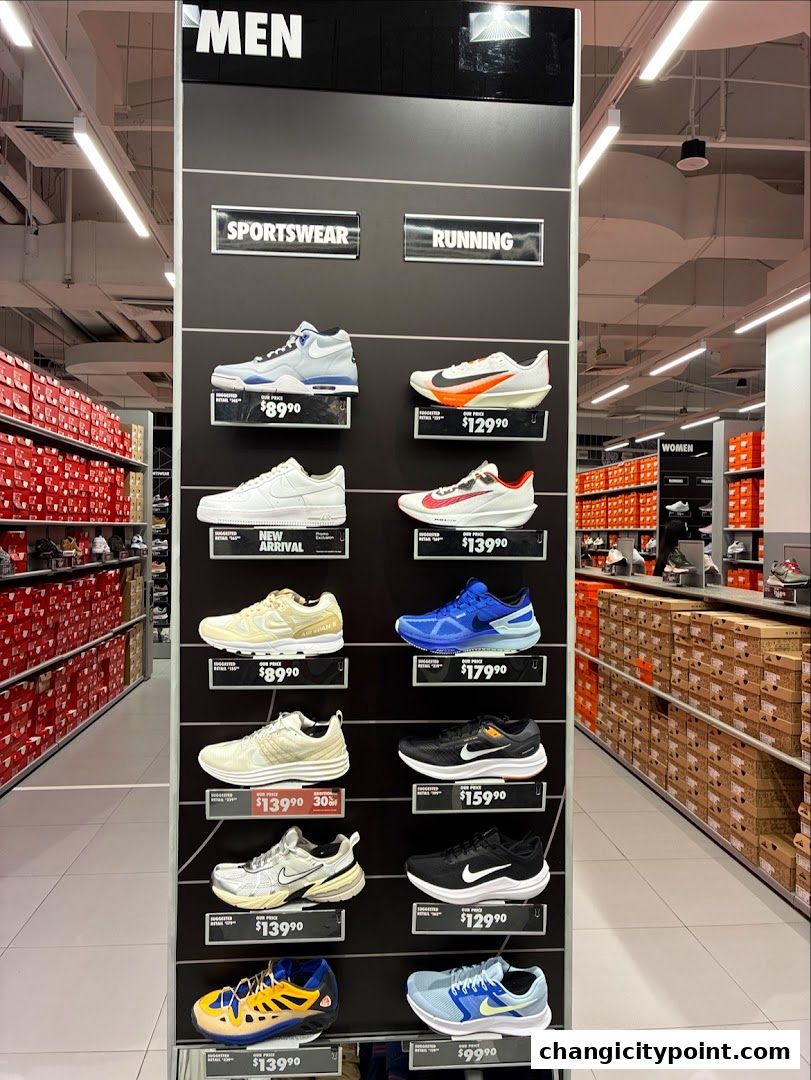 Display of Nike men's sportswear and running shoes with prices.