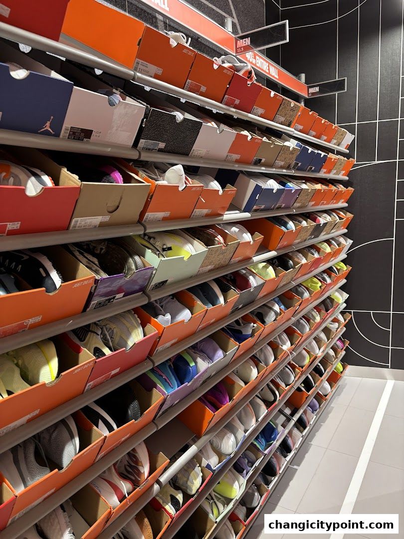 Rows of Nike shoe boxes neatly stacked on shelves, showcasing a wide variety of footwear.