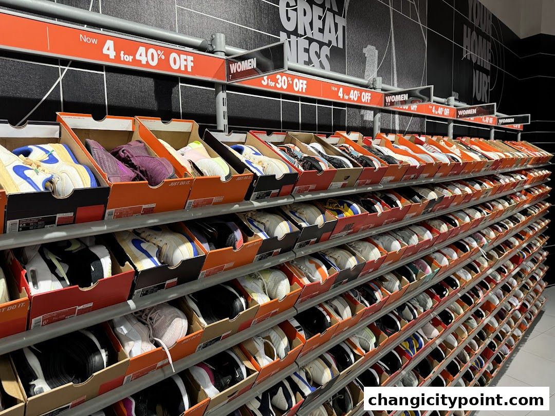 Rows of Nike shoe boxes displayed on shelves with sale signs.