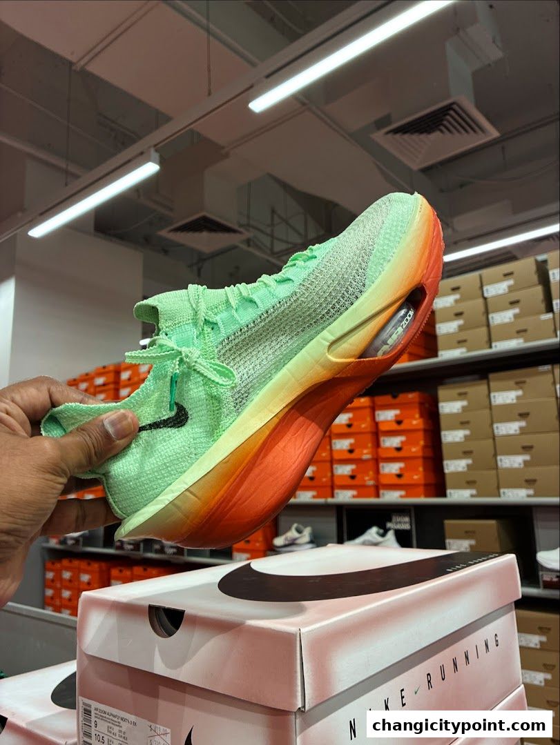 A hand holds a bright green and orange Nike running shoe with boxes in the background.