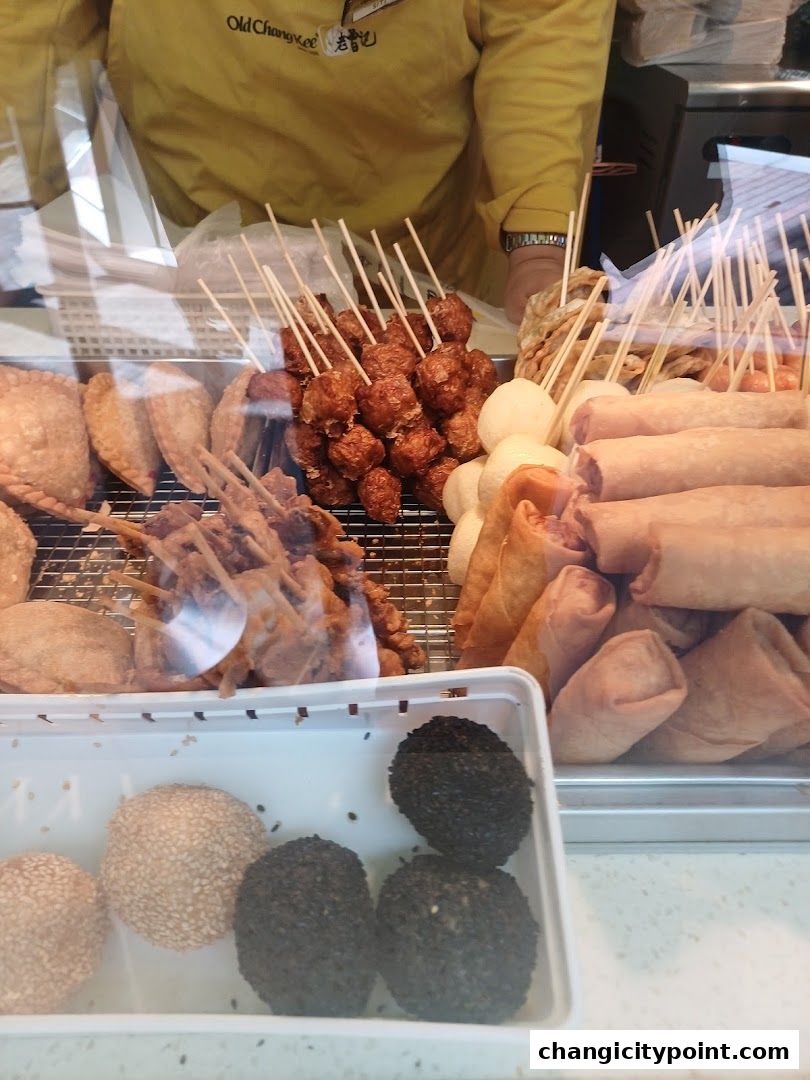 A display of various fried snacks and pastries at Old Chang Kee.