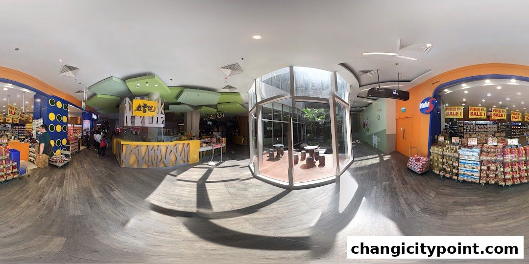 A panoramic view of the Old Chang Kee shop and surrounding mall area.