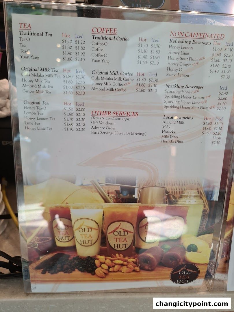 A menu board for Old Tea Hut featuring tea, coffee, and other beverages with prices.