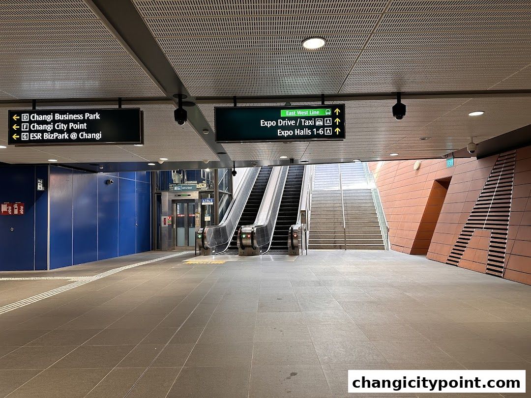 An interior view of a modern transit station with escalators and directional signage.
