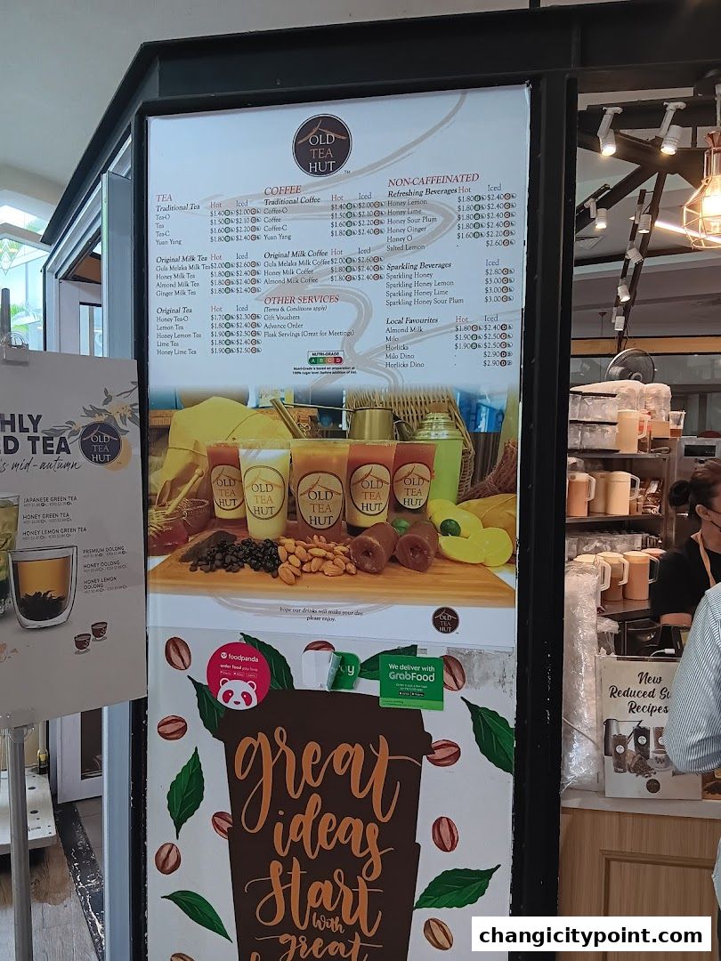 A menu board for Old Tea Hut featuring various tea, coffee, and beverage options.