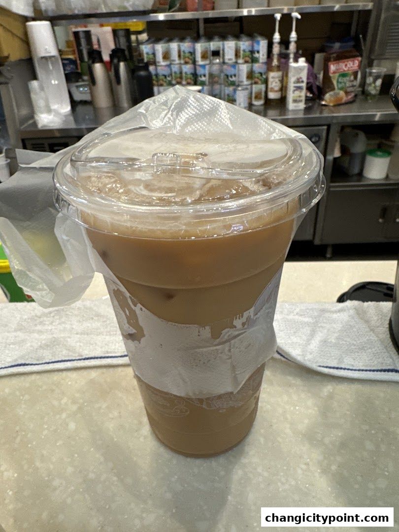 A large iced coffee drink with a plastic lid and paper sleeve.