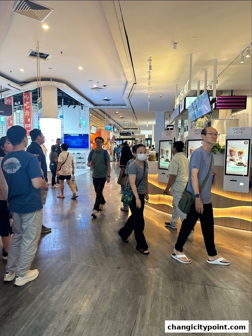 People queuing at Old Tea Hut Changi City Point for drinks and ordering.