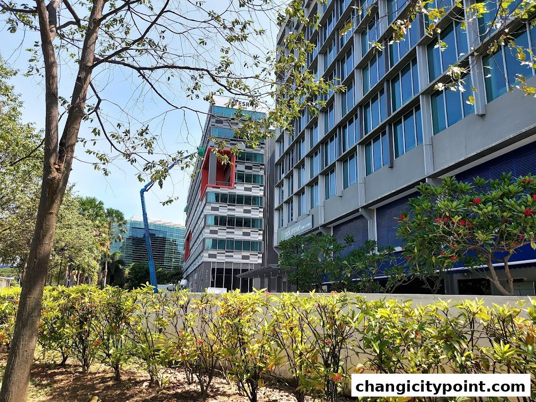 Modern office buildings with lush greenery and a blue sky.