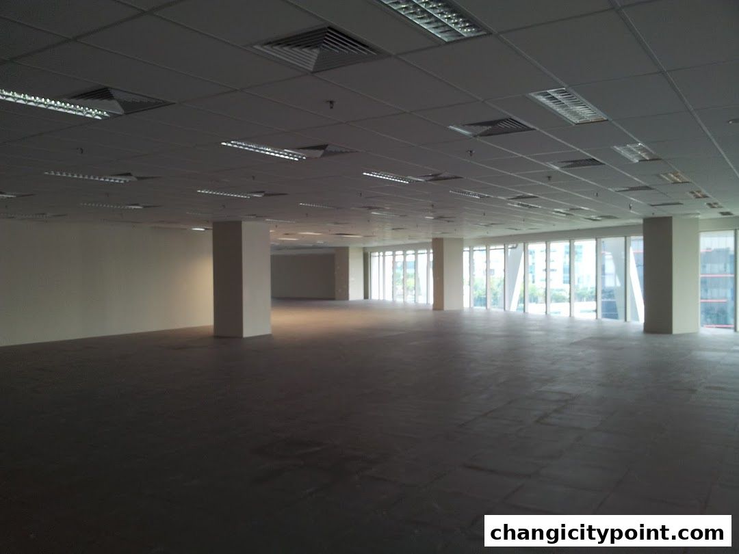 An empty, spacious commercial interior with large windows and ceiling lights.