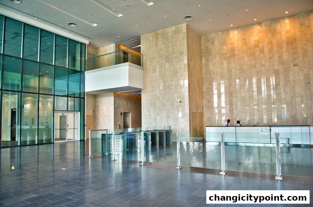 Modern office building lobby with glass facade, turnstiles, and reception desk.