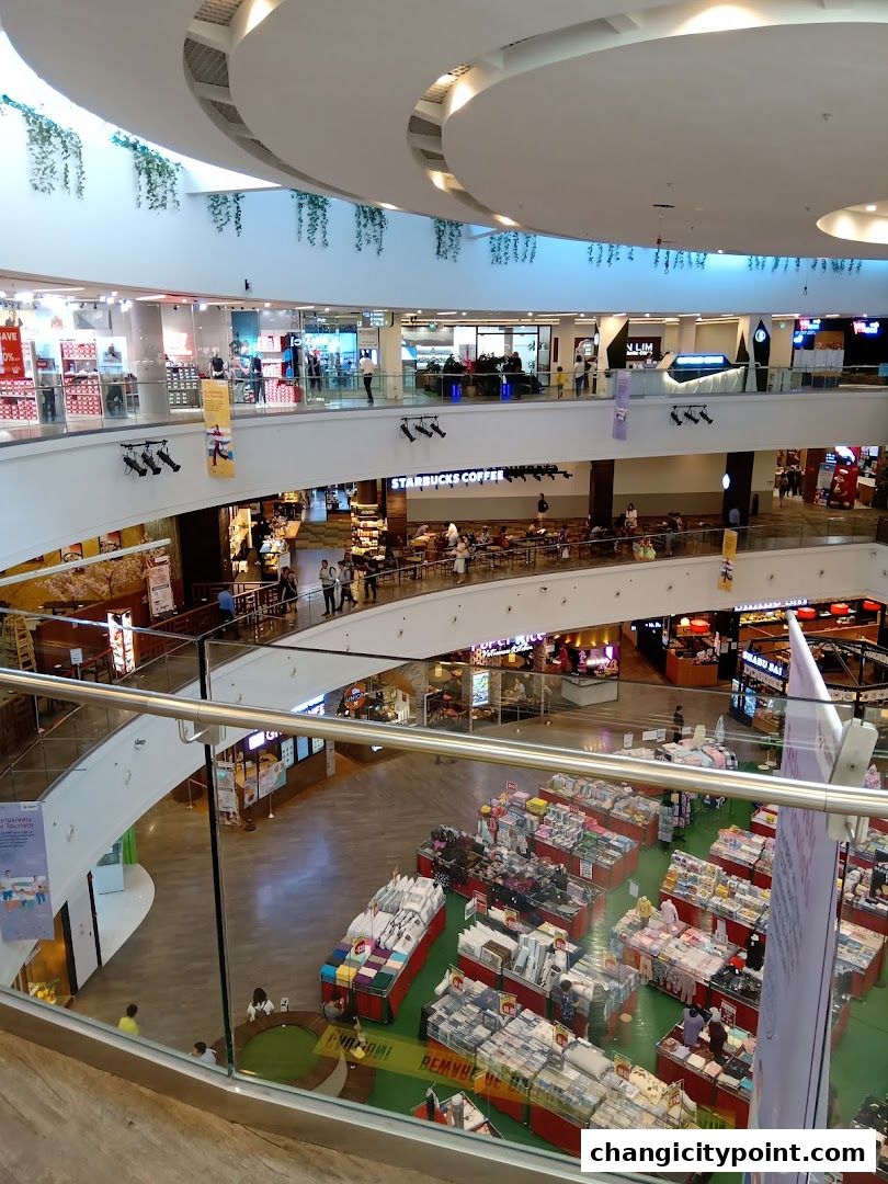 A multi-level shopping mall interior with various shops and a central open area.